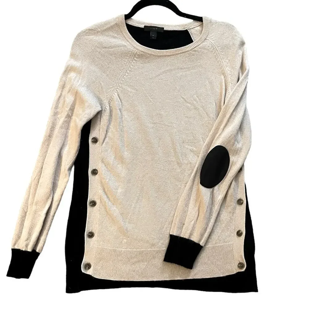 J. Crew Color Block Elbow Patch Cream Black Crew Neck Sweater